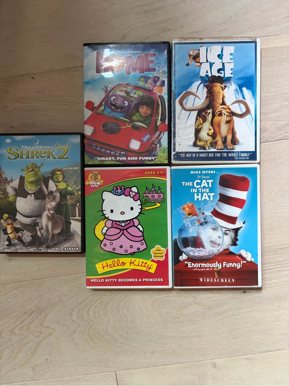 Kids 5 DVD Bundle - Hello Kitty, Cat in the Hat, Shrek 2, Home, Ice Age